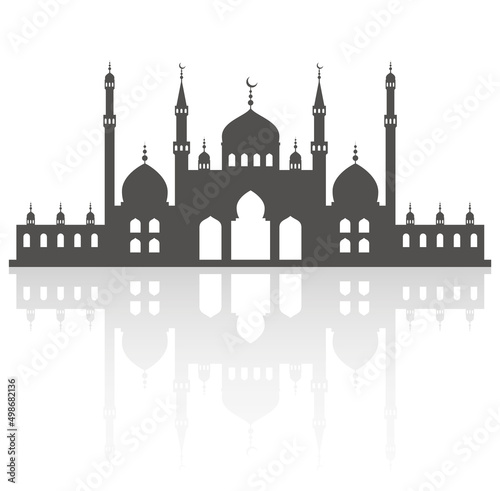 Mosque with minarets on skyline. Islamic architecture silhouette. Istanbul cityscape with reflection isolated on white background.