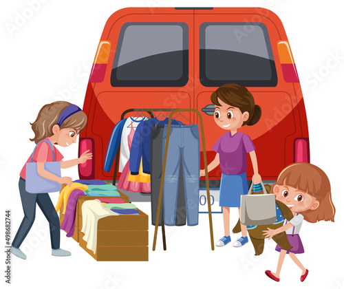 People buying clothes at yard sale