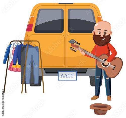 Man playing guitar at yard sale
