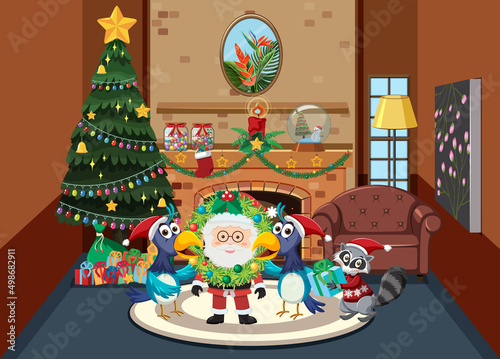 Christmas theme with Santa by fireplace