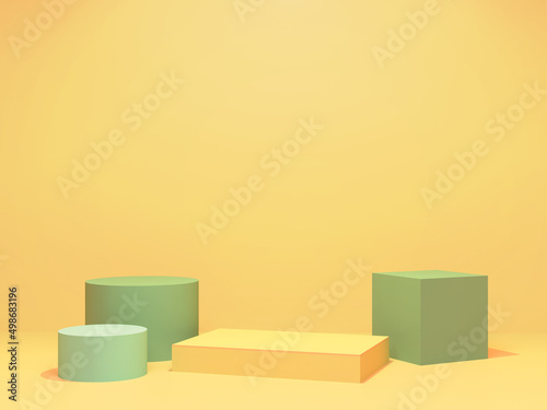 Geometric podiums with yellow background. Pastel green and yellow pedestals for product presentation. Geometric 3D render photo