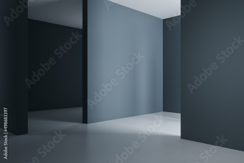 Modern concrete gallery interior with mock up place on walls. Museum and exhibition hall concept. 3D Rendering.