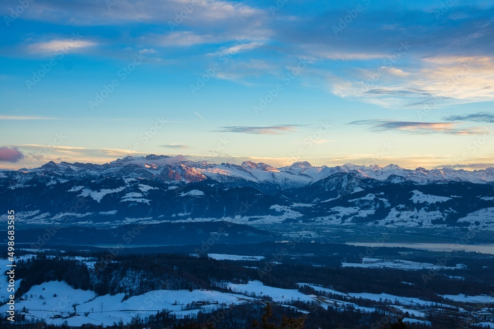 Bachtel Tower located at Zurich Oberland during Winter sunset time. Top view from Panorama view over lake of Zurich