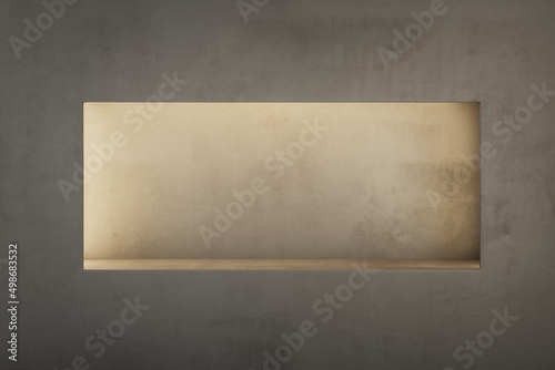 Empty blank dark large horizontal rectangular illuminated niche in abstract wall with copyspace for your text. Advertising concept. 3D rendering, mock up photo