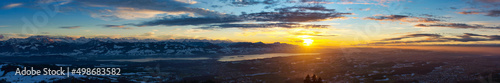 Panorama, Top view from Bachtel Tower located at Zurich Oberland during Winter sunset time. view over lake of Zurich