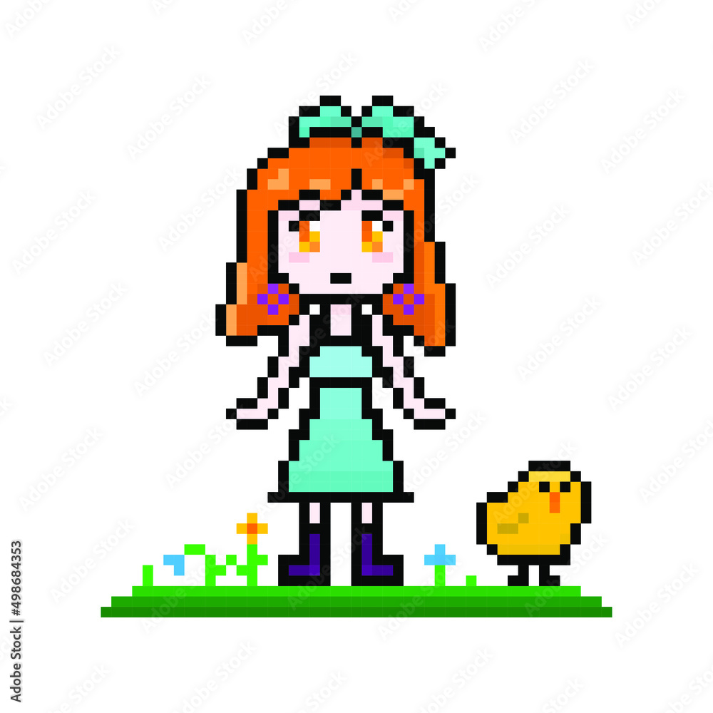 Pixel cute young girl with little chick on grass