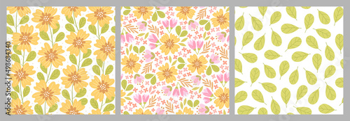 Set of hand-drawn seamless patterns with flowers. Colorful floral illustrations for paper and gift wrap. Fabric print modern design. Creative stylish background.
