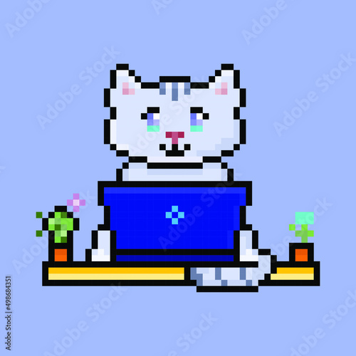 Pixel adorable cat on blue laptop, two plants