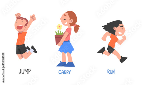 Kids engaged in different activities set. Jump, carry and run action verbs for children education cartoon cartoon vector illustration