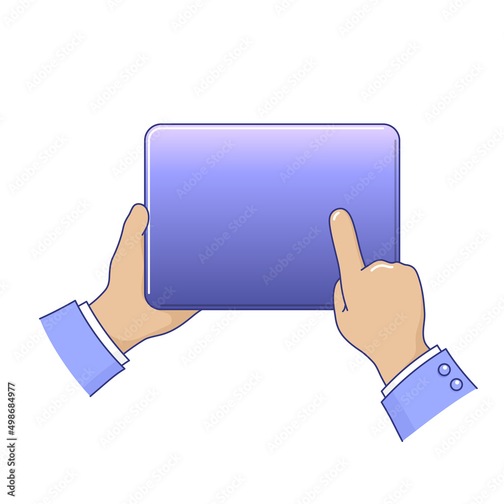 Male hands holding tablet pc touch screen device. Businessman hands tapping on tablet computer with copy space cartoon vector illustration isolated white background Male hands holding tablet pc touch screen device. Businessman hands tapping on tablet computer with copy space cartoon vector illustration isolated white background