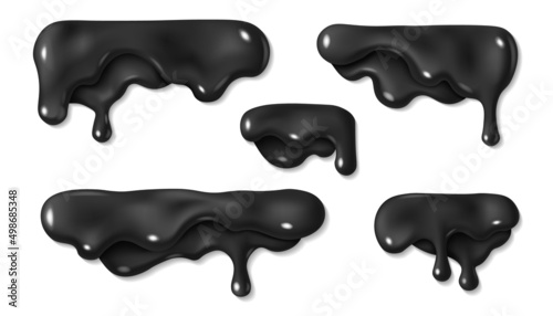 Dripping black paint liquid icing drop set. Black Friday or Halloween design. Oozing fluid paint. 3d realistic vector illustration isolated on white background.