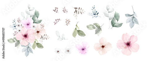 Set of floral bouquet and leaves watercolor elements
