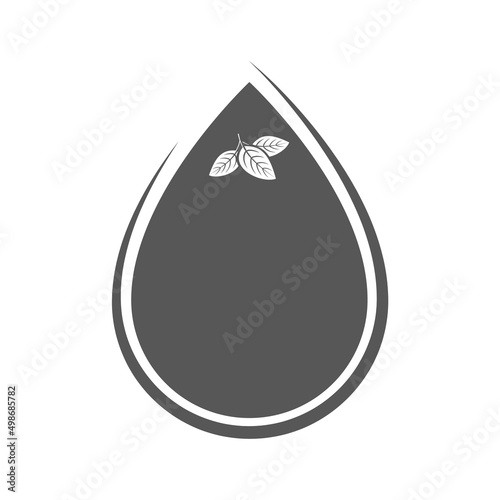 Drop cosmetic oil with fresh leaves. Silhouette water drop isolated on white background. Vector illustration