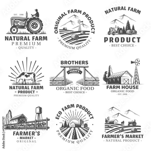 Set of farm market labels isolated on white background. Village and landscape agriculture emblems. Vector illustration