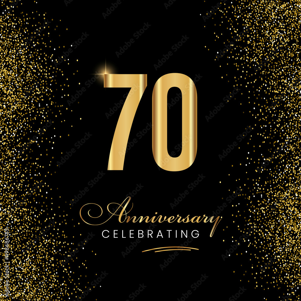 70 Year Anniversary Celebration Vector Template Design. 70 years golden anniversary sign. Gold glitter celebration. Light bright symbol for event, invitation, party, award, ceremony, greeting