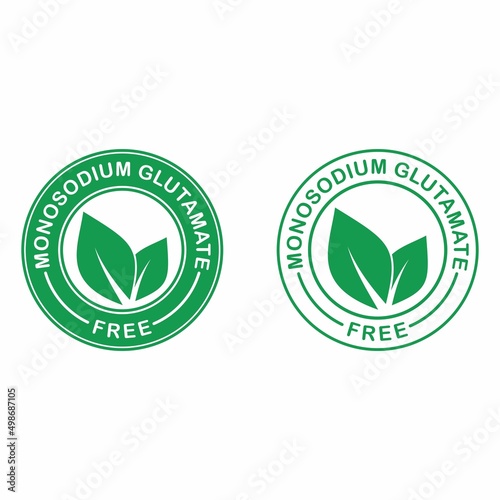 Glutamate free logo template . Contain no MSG monosodium glutamate food package seal, green leaf label