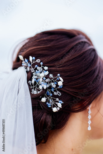 bridal hairstyle with jewelry close-up dark hair
