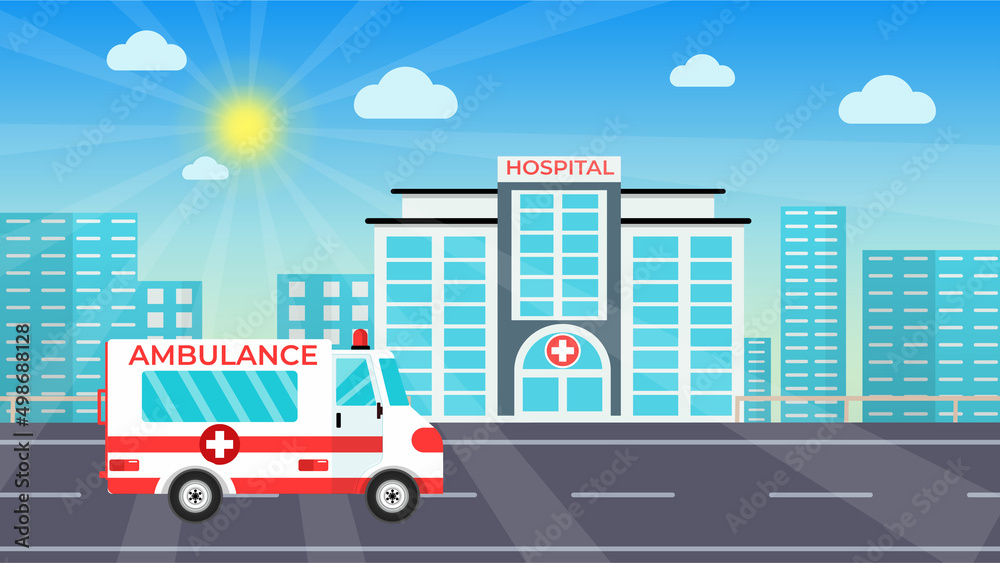 Ambulance vector with a hospital in an urban area. An ambulance carrying patients and getting into the hospital on a sunny day concept. Urban area medical or hospital with tall buildings vector.