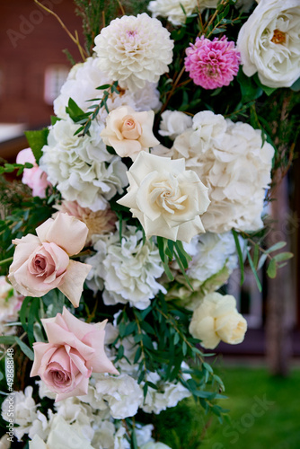 floristic composition flowers close-up pink roses light dahlias hydrangeas