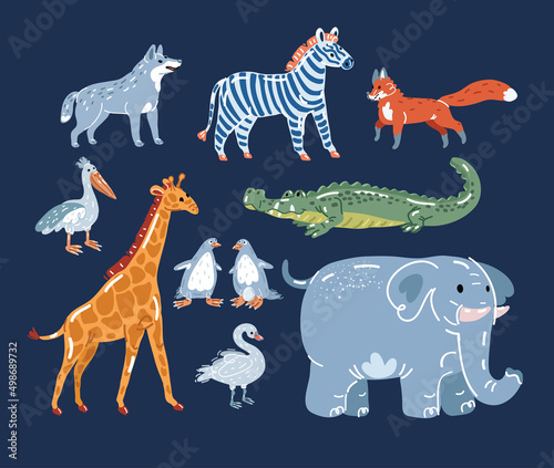 Fototapeta Naklejka Na Ścianę i Meble -  Cartoon vector illustration of Set of cute animals in cartoon style. Wolf, zebra, fox, pelican, crocodile, swan, penguin, elephant