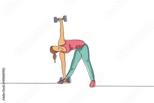 One continuous line drawing of young woman training. Side lunge windmill pose in fitness training gym. Healthy sport lifestyle concept. Stretching and work out. Dynamic single line draw design vector