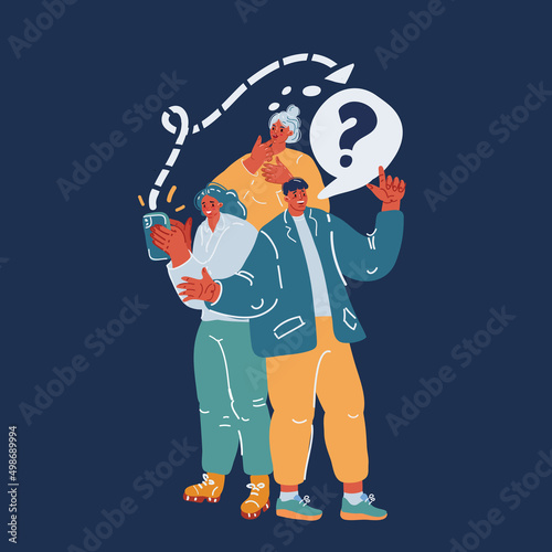 Cartoon vector illustration of woman and man thinking having many questions and asking