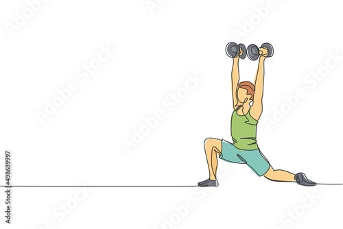 One single line drawing young energetic man working out doing low lunge with dumbbell in gym vector illustration. Fitness sport bodybuilding and healthy lifestyle concept. Modern continuous line draw