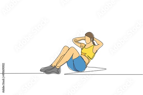 One single line drawing young woman working out doing sit up in gym to strengthen body vector illustration. Fitness sport bodybuilding and healthy lifestyle concept. Modern continuous line draw design
