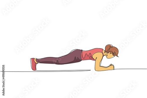 Single continuous line drawing of young happy woman exercising doing elbow plank to strengthen body in sport center gym club. Training fitness concept. Trendy one line draw design vector illustration