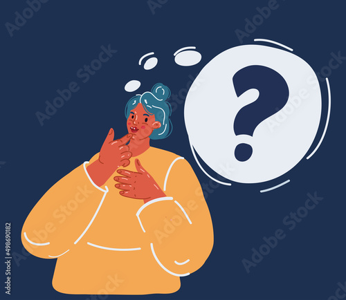 Cartoon vector illustration of Thinking girl. Beautiful face, doubts, problems, thoughts, emotions. Curious woman questioning, question mark.