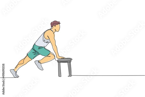 One single line drawing of young energetic man exercise stretching using bench in gym fitness center vector illustration graphic. Healthy lifestyle sport concept. Modern continuous line draw design