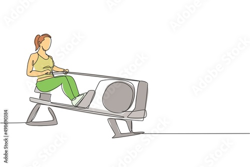 One continuous line drawing of young sporty woman working out with lying rowing press in fitness gym club center. Healthy fitness sport concept. Dynamic single line draw design vector illustration