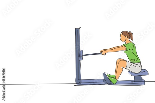 One single line drawing of young energetic woman exercise focus to pull adductor machine in gym fitness center vector illustration. Healthy lifestyle sport concept. Modern continuous line draw design