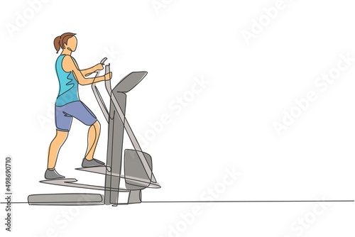 Single continuous line drawing young sportive woman training with elliptical cross in sport gymnasium club center. Fitness stretching concept. Trendy one line draw design vector graphic illustration