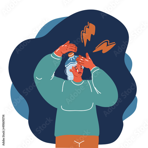 Cartoon vector illustration of Sad tired young woman touching forehead having headache migraine or depression, upset frustrated girl troubled with problem
