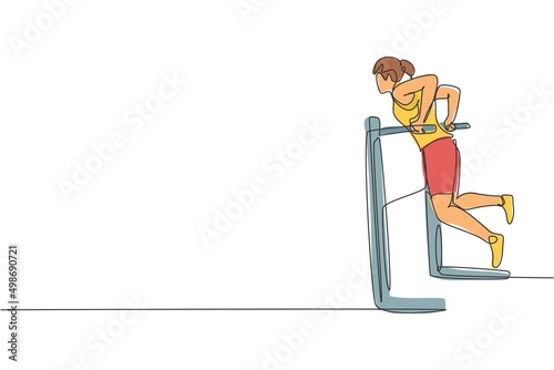One single line drawing of young energetic woman exercise with parallel bar in gym fitness center graphic vector illustration. Healthy lifestyle sport concept. Modern continuous line draw design