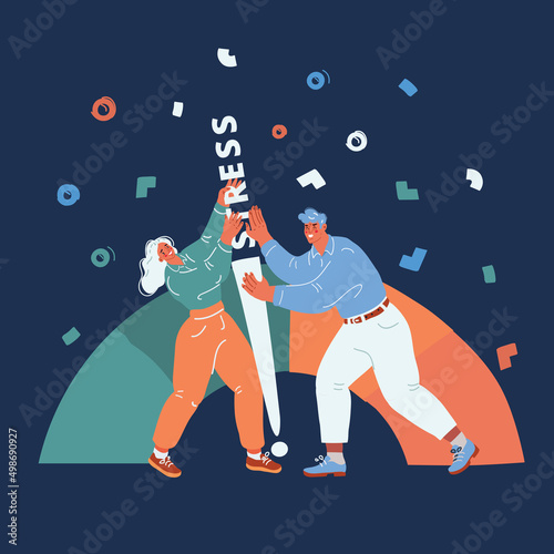 Cartoon vector illustration of Woman and Man reduces stress levels on scale