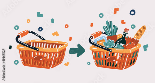 Vector illustration of Red shopping baskets empty and full of food. Online shopping gro ery concept.