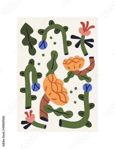 Modern botanical poster with floral plants of abstract shapes. Contemporary w...