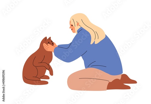 Happy woman stroking cat. Owner of feline animal petting it with love, holding and touching muzzle. Tenderness, caress of female and cute kitty. Flat vector illustration isolated on white background