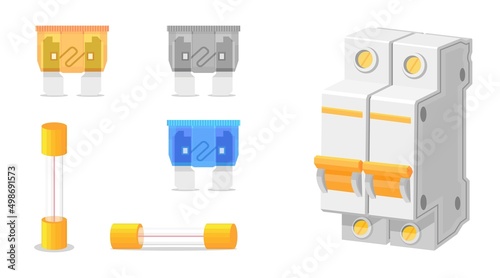 Types of fuses and components of electrical protection. Electrical switches.Isolated on a white background. photo