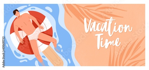 Summer holiday banner with man relaxing, swimming on inflatable icecream in w...