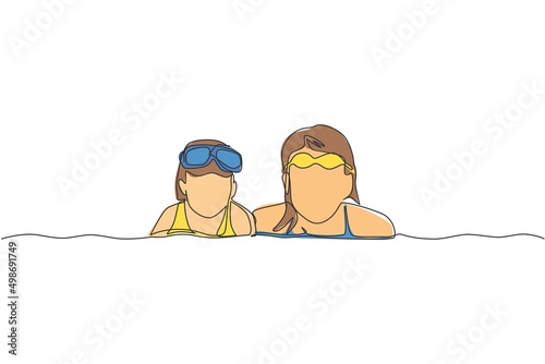 One single line drawing happy mom and daughter play and swim together in indoor pool sport center vector illustration. Summer holidays and vacation concept. Modern continuous line draw design graphic