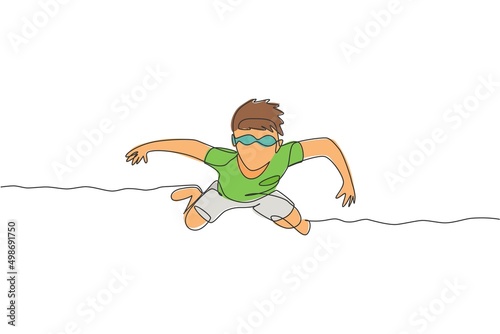One single line drawing of young boy practice floating in swimming pool wearing goggle glasses graphic vector illustration. Summer holidays and vacation concept. Modern continuous line draw design