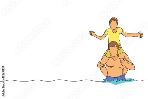 Single continuous line drawing of daddy lift up his kid on shoulder and play together in gym swimming pool center. Summer holidays and vacation concept. Trendy one line draw design vector illustration