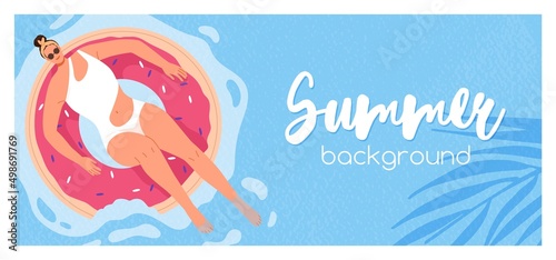 Summer holiday banner with woman in swimwear relaxing, swimming on inflatable donut ring on water pool background. Summertime vacation, sea resort promotion card. Colored flat vector illustration