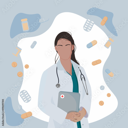 female doctor with brown hair holds a folder and stethoscope faceless art