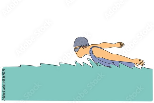 One continuous line drawing of young muscular professional swimmer focus swimming in sport center. Healthy sport fitness cardio exercise concept. Dynamic single line draw design vector illustration