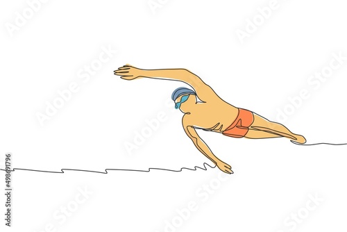 One continuous line drawing of young muscular professional swimmer man swimming in sport center. Healthy sport and fitness cardio exercise concept. Dynamic single line draw design vector illustration