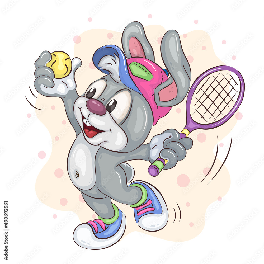 Cartoon Bunny Tennis Player. Naughty cartoon Bunny with a tennis racket, plays tennis. Positive and unique design. Children's illustration. Cartoon Bunny Tennis Player. Naughty cartoon Bunny with a tennis racket, plays tennis. Positive and unique design. Children's illustration.